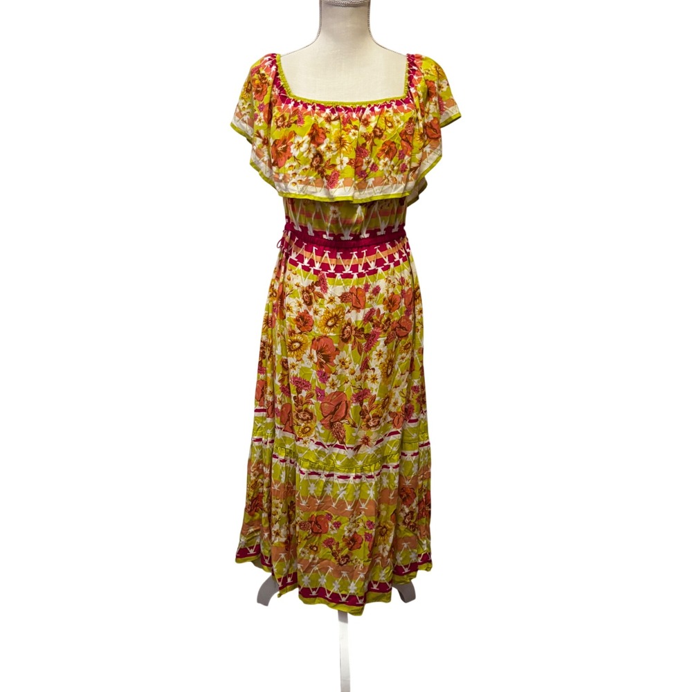 Flying Tomato Maxi Dress Women Large Green Floral Boho Ruffle Tiered cottagecore